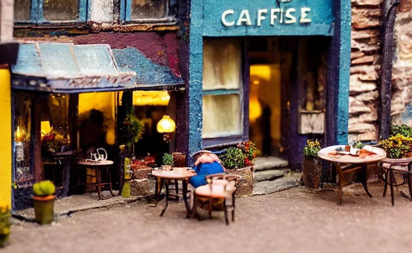 Image similar to miniature cafe diorama macro photography, cafe with felted mice, alleyway, ambient, atmospheric, british, bokeh, romantic