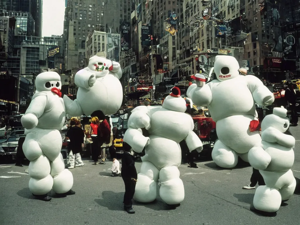 Prompt: 3 5 mm kodachrome colour photography of michelin man and stay - puft marshmallow man dancing in the streets of new york, sun and shadows, taken by harry gruyaert