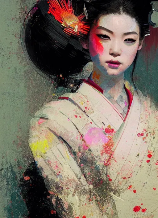 Image similar to female geisha girl, beautiful face, colourful, rule of thirds, intricate outfit, spotlight, by greg rutkowski, by jeremy mann, digital painting