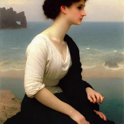 Prompt: A portrait of a woman in a long white dress in front of an ocean with overcast skies, backlit, painting by William-Adolph Bouguereau