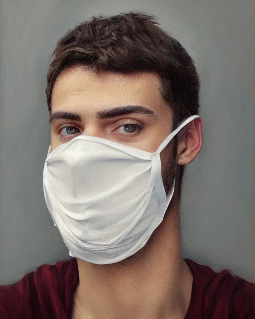 Prompt: masterpiece oil paint of a european young man covering face with fabric mask, ultrarealistic, trending on artstation, extremely detailed