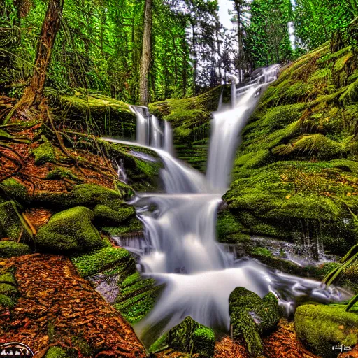Prompt: a large waterfall in the middle of a forest, a digital rendering by james e. brewton, featured on flickr, regionalism, creative commons attribution, high dynamic range, hdr