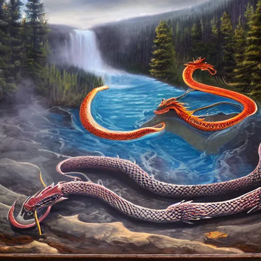 Image similar to snake - like dragon sitting in a hotspring at yellowstone national park, highly detailed oil painting, featured on artstation