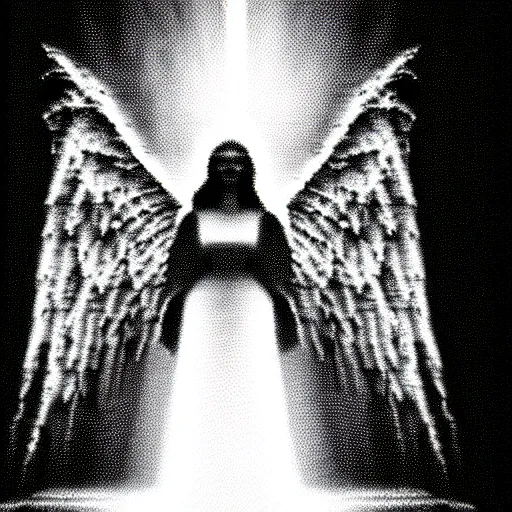 Image similar to vhs static overlay of angel apparition, vhs, 1 9 9 0, highly realistic, highly detailed, vhs noise static, black and white, vhs glitch