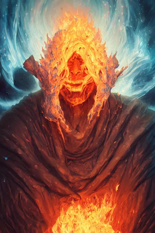 Image similar to the look of an elderly person, necromancer, witch - doctor covered with fire exploding into ice, full of wrinkles and imperfections by artgem and greg rutkowski, highly detailed, high contrast, light reflection, trippy, nebula, trending on artstation