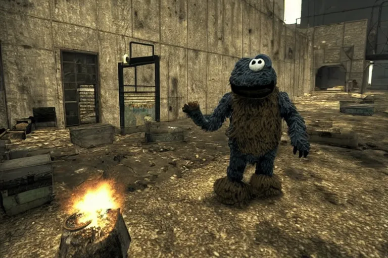 Image similar to “ a screenshot of cookie monster in s. t. a. l. k. e. r. : shadow of chernobyl ”