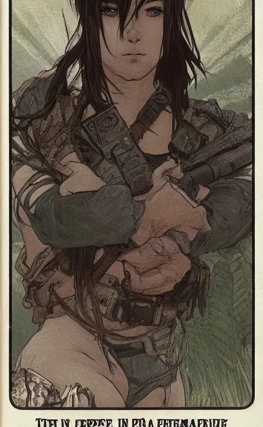 Image similar to pepe in smoke and dirt, trading card front, anime style, soldier clothing, hair down, symmetrical facial features, symmetrical body features, hyper realistic, pale skin, 4k, rule of thirds, extreme detail, detailed drawing, trending artstation, hd, fantasy, D&D, realistic lighting, by Alphonse Mucha, Greg Rutkowski, sharp focus, backlit