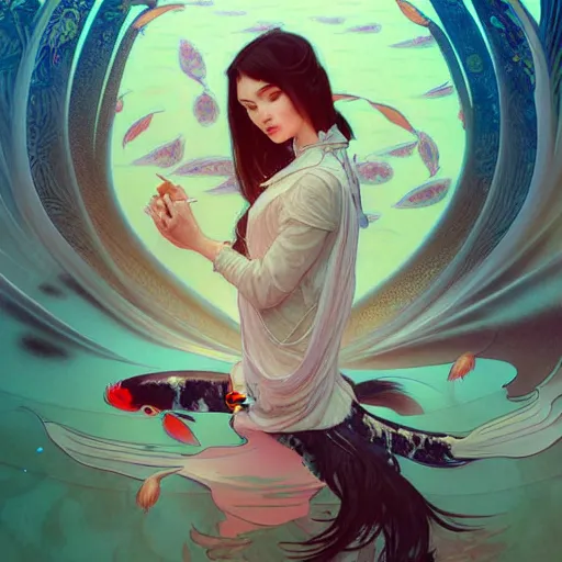 Prompt: Portrait of a girl surrounded by Koi fish, face, fantasy, intricate, elegant, highly detailed, digital painting, artstation, concept art, smooth, sharp focus, illustration, art by Loish and greg rutkowski and alphonse mucha