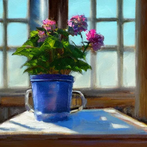 Prompt: dittany in a pot, on wooden table in the ray of sunshine in greenhouse, oil painting, sharp focus, high detailed, calm, warm lighting, sparkles, digital art, concept art, by Rutkowsky,