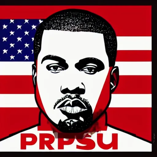 Image similar to Russian Propaganda Soviet screen-print shepard fairey illustrated poster of Kanye West as President standing in front of a USA America flag