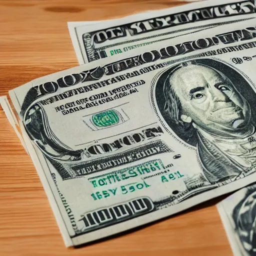 Image similar to a large stack of $ 1 0 0 bills with a money band around it sitting on a wooden table, 8 k, photorealistic, hyper realism, cinematic, movie still, octane render,