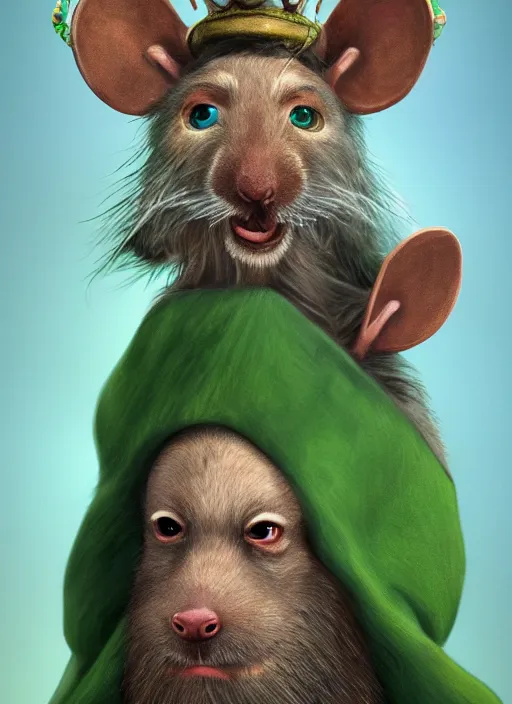 Prompt: oilpainting of an anthropomorphic rat with beard and human eyes, wearing jewelry, tricorne hat, green robe, d & d, digital art, detailed face, highly detailed, trending on artstation, 4 k, sea in the background