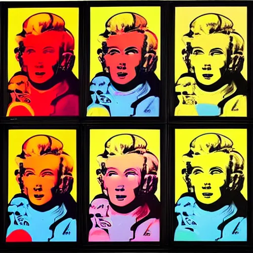 Image similar to old robot, 6 panels by andy warhol, with highly contrasted colors and an illuminating background