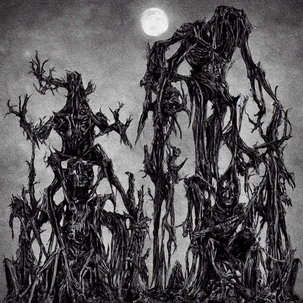 Prompt: creepy dark tall creature sitting on a throne made of skulls, moonlight