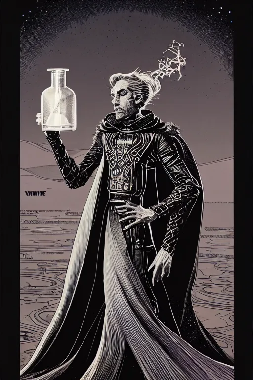 Prompt: side view of a majestic alchemist wizard in a cloak holding a magic potion, high details, bold line art, by vincent di fate and joe fenton, inking, etching, screen print, masterpiece, trending on artstation, sharp, high contrast, hyper - detailed,, hd, 4 k, 8 k