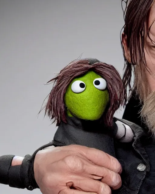 Image similar to death stranding norman reedus as a muppet. highly detailed felt. hyper real photo. 4 k.