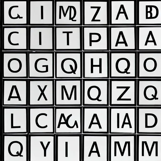 Image similar to latin alphabet in square boxes, symmetrical, grayscale, sharp