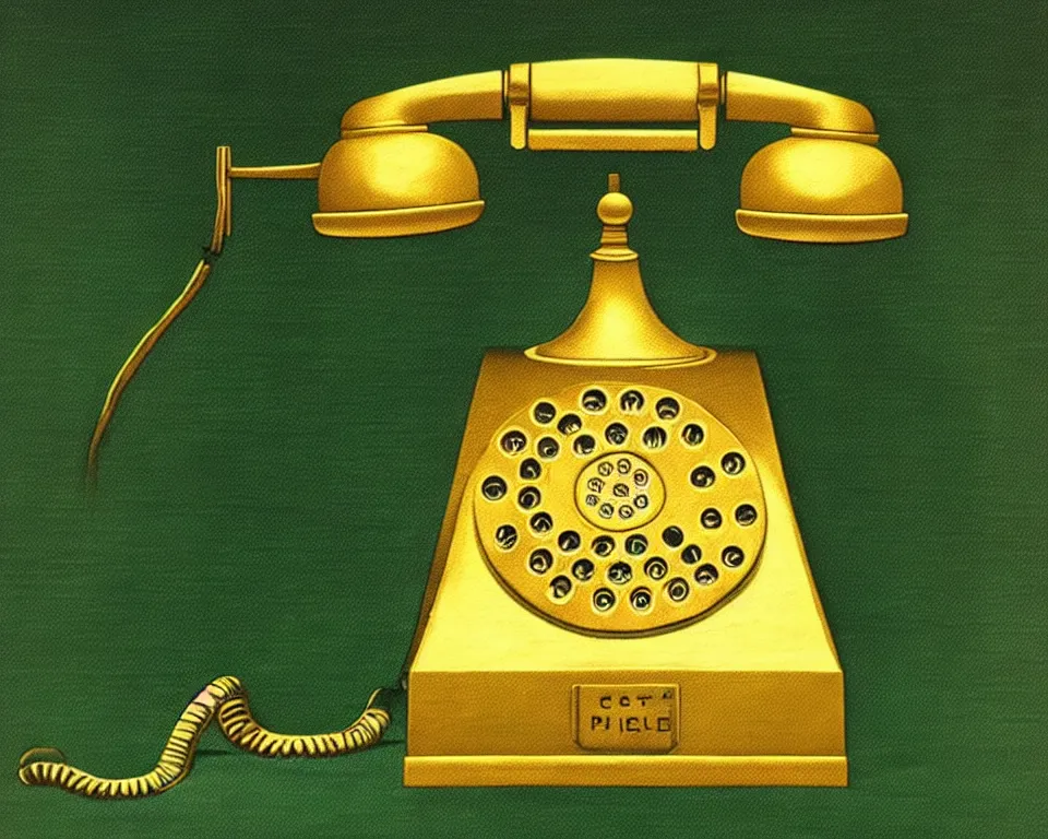 Prompt: an achingly beautiful print a golden rotary phone on a dark green background by Raphael, Hopper, and Rene Magritte. detailed, romantic, enchanting, trending on artstation.