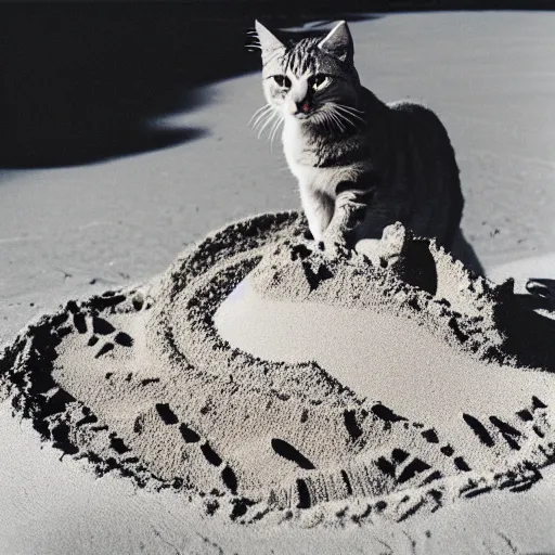Prompt: photo of cat making a sand castle on the beach, cinestill, 8 0 0 t, 3 5 mm, full - hd