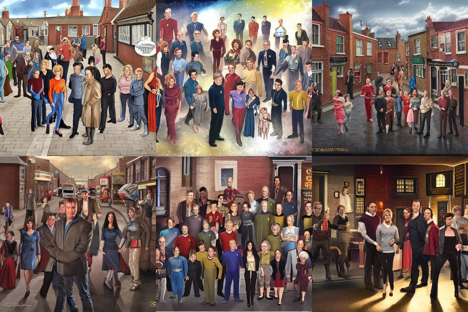 Prompt: Coronation Street with the cast of Star Trek TNG, detailed picture, by Grek Rutkowski