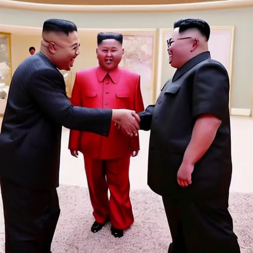 Prompt: picture of kanye west meeting kim jong un, both laughing