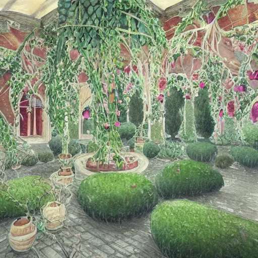 Image similar to delicate garden on paper, spirals stony, floating robes, puffy, vines, botanical herbarium, botanic watercolors, coastline, iridescent, 8 k wide angle, realistic shaded, fine details, artstation, italian, rainbow, colonnade, oak, pinecone, pomegranade, vines, gardena architecture, pompeian, sicilian, boundary walls