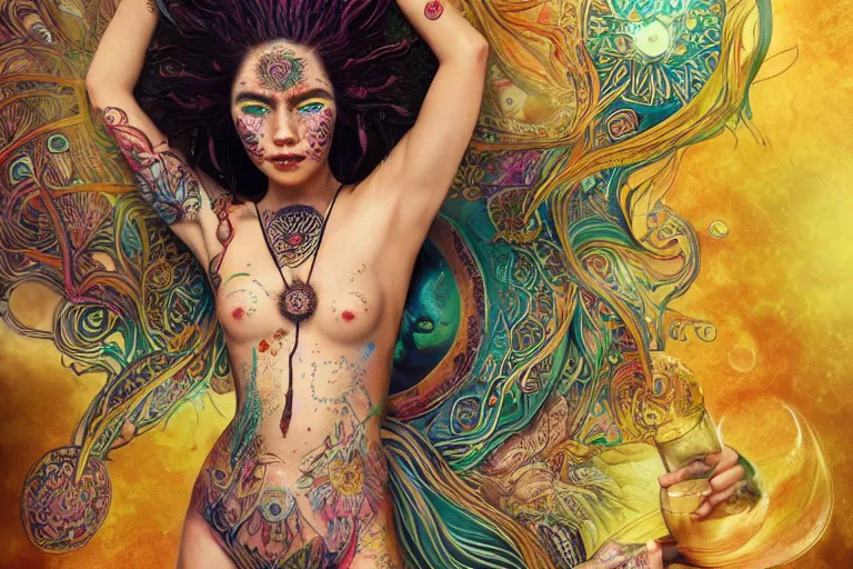 Image similar to a centered full body render of alluring festival hippies with tribal tattoos surrounded by a underwater ink pour and flowing liquid galium and sacred geometry, perfect face, powerful, cinematic, beautifully lit, by artgerm, by karol bak, by viktoria gavrilenko, 3 d, trending on artstation, octane render, 8 k