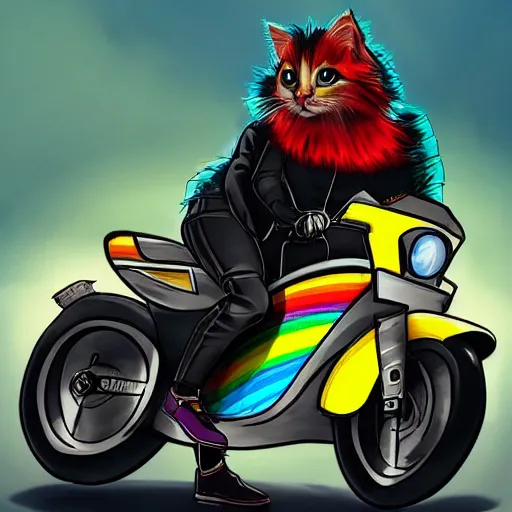 Image similar to wide angle full body, jacket wearing fluffy cute rainbow kitten wearing a black leather motorcycle jacket, riding on a motorcycle, cinematic concept art