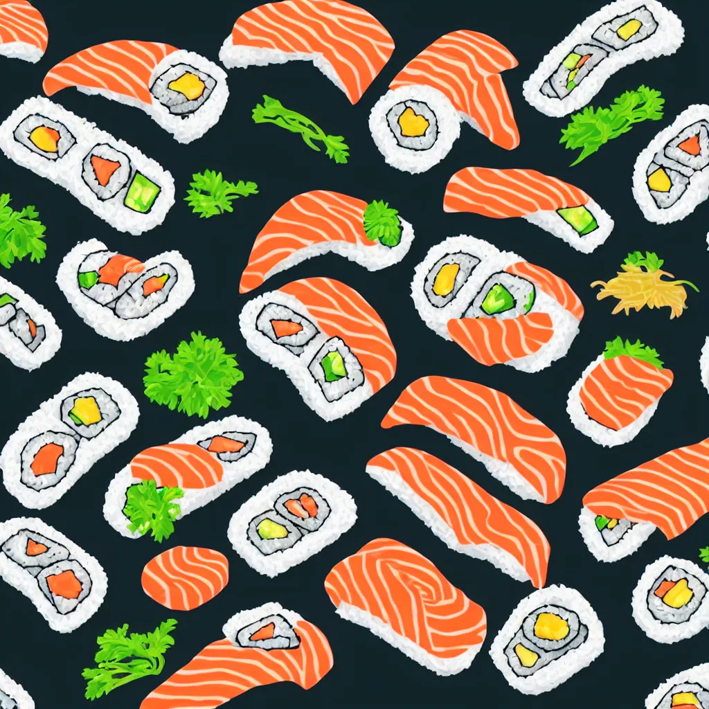 Prompt: a detailed digital vector illustration of a sushi roll in the shape of a S