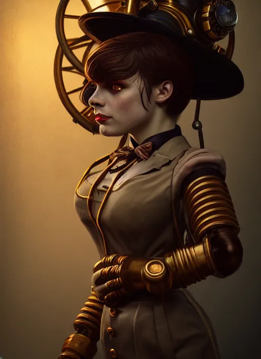 Image similar to Bioshock steampunk portrait, au naturel, hyper detailed, digital art, trending in artstation, cinematic lighting, studio quality, smooth render, unreal engine 5 rendered, octane rendered, art style by klimt and nixeu and ian sprigger and wlop and krenz cushart