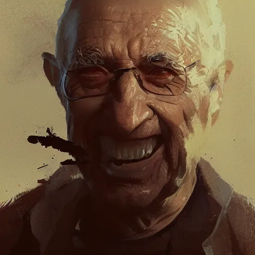 Image similar to old man portrait, hand grenade in his teeth, greg rutkowski art