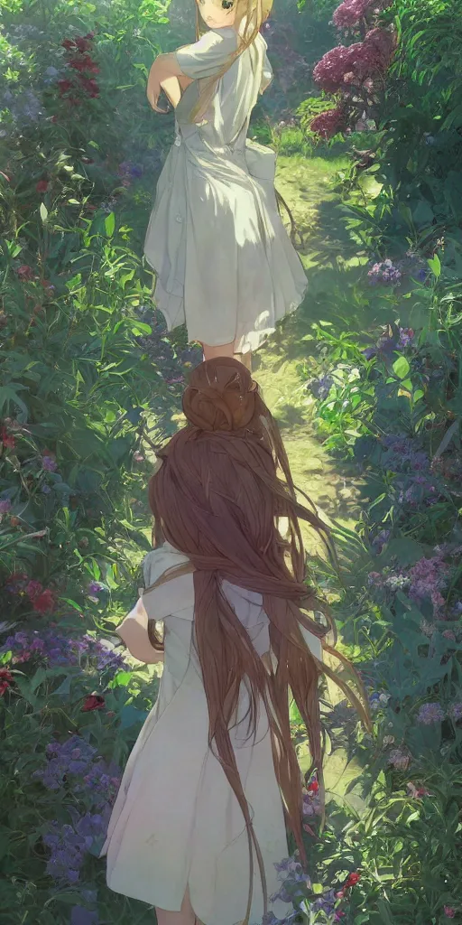 Prompt: a digital art of a loli with long hair in a dress in the privet garden at after noon, green and warm theme, back lighting, by krenz cushart and mucha and akihito yoshida and greg rutkowski and makoto shinkai, extremely long shot, detailed eyes, 4 k resolution, trending on art station