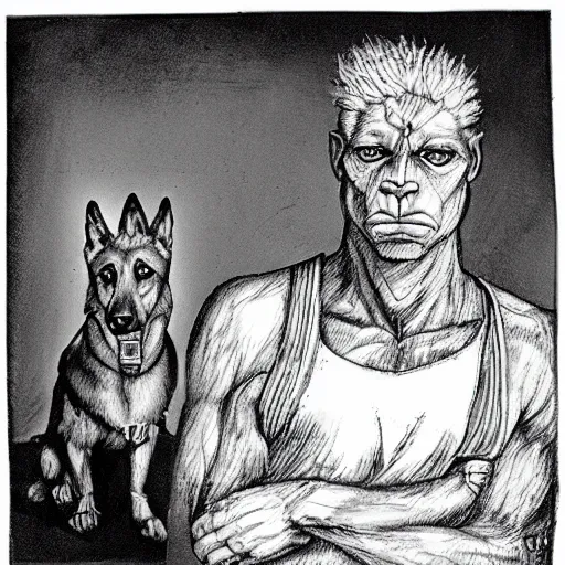 Prompt: a humanoid german shepherd beast - man, he wears a gray shirt.