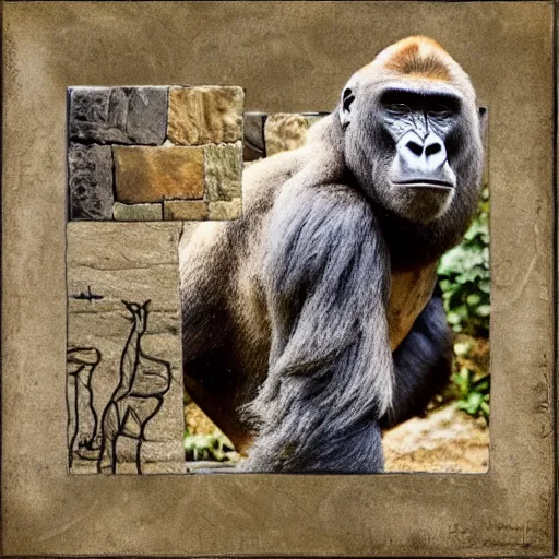 Image similar to wailing gorilla, ancient roman stone collage