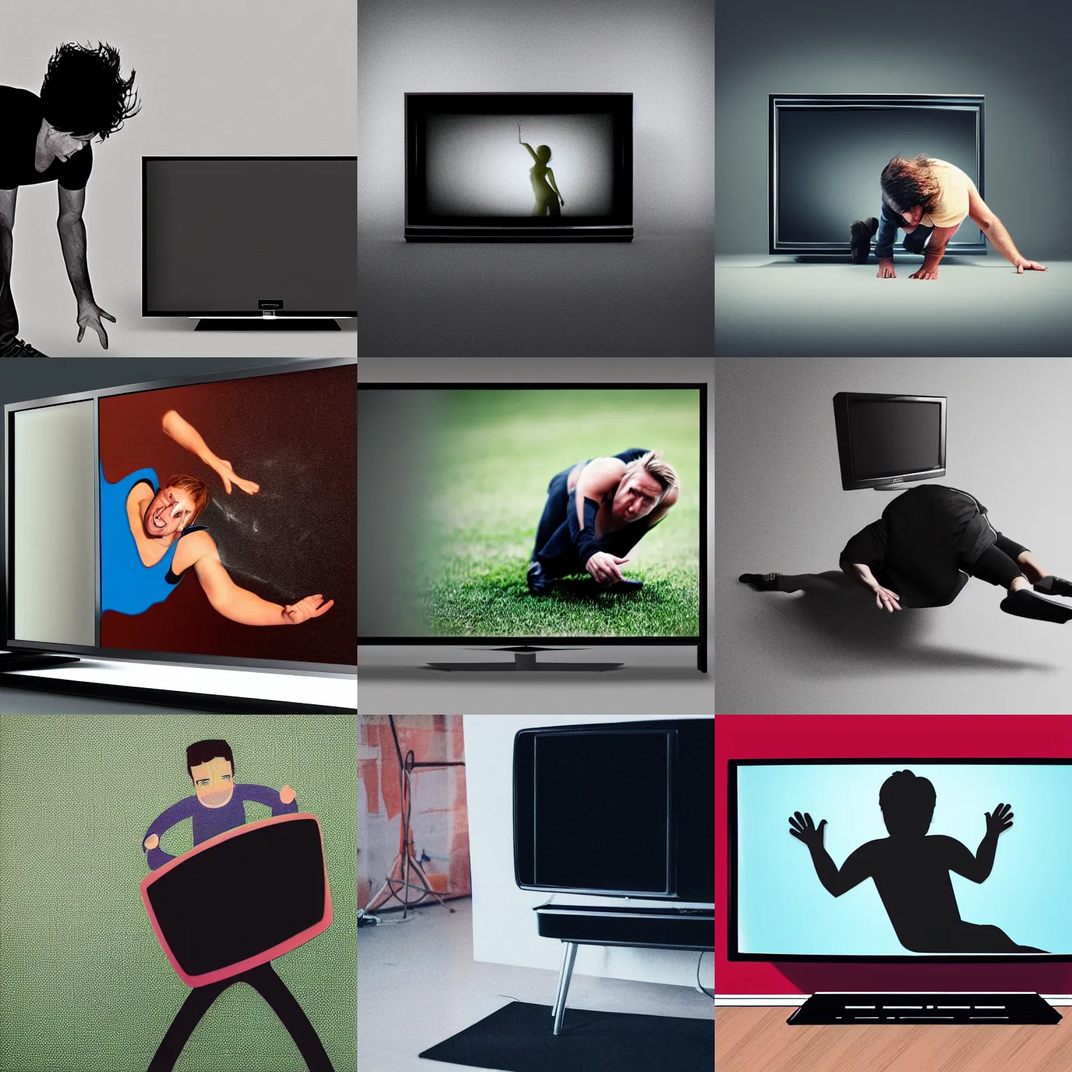 Prompt: a person crawling out of a television screen and into the real world