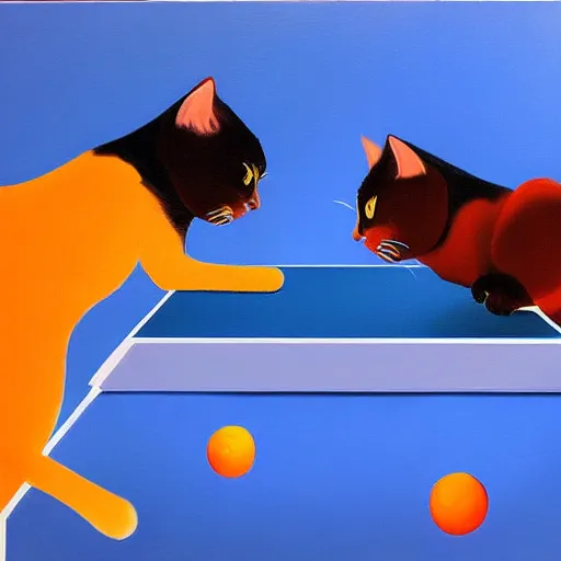 Prompt: Two cats playing ping pong on orange background, oil painting