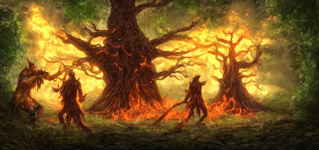 Prompt: An epic battle between a fire mage and a giant ent, digital art