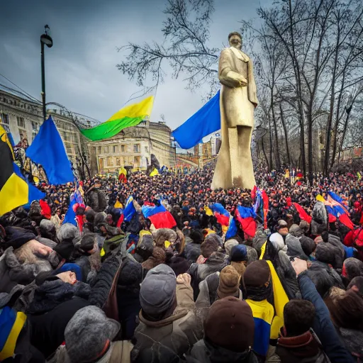 Image similar to a crowd of people with ukrainian flags destroy a statue of vladimir lenin, leica sl 2 5 0 mm, vivid color, high quality, high textured, real life