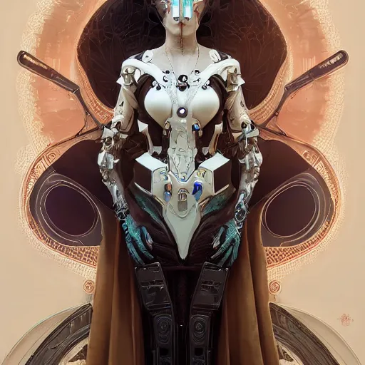 Image similar to a cyborg empress with mask, art nouveau ivory accessories, cyberpunk, darksynth, luxury, concept art by jama jurabaev, extremely detailed, ominous, ethereal, artstation, andree wallin, edvige faini, balaskas, alphonse mucha, symmetry