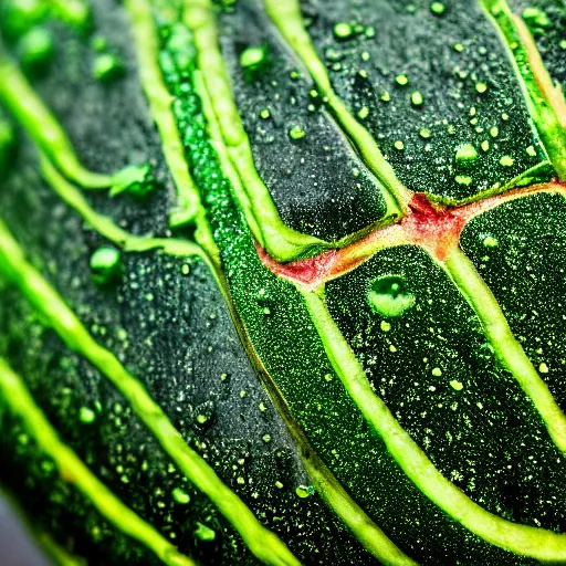 Image similar to close - up shot of a watermelon drenched in green slime, macro lens, depth of field