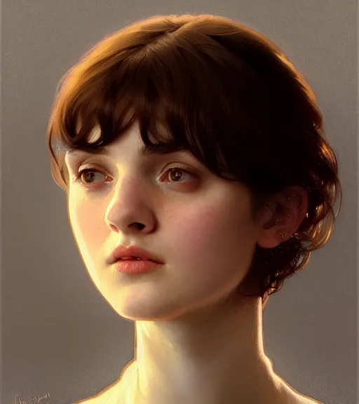 Image similar to portrait of a welsh teenage girl with brown hair, glowing skin, delicate features, amelie poulain, fantasy, small mouth, quiet beauty, intricate, elegant, dress shirt, highly detailed, digital painting, artstation, concept art, smooth, sharp focus, illustration, art by Krenz Cushart and Artem Demura and alphonse mucha