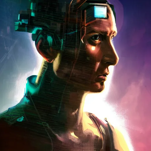 Prompt: cyberpunk, armitage, closeup portrait of an ex soldier, battlescar, artificial eye, brown buzzcut, wired head, dramatic light, city background, sunset, dystopian setting, high contrast, sharp, neuromancer, painted by stanley lau, painted by greg rutkowski, painted by stanley artgerm, digital art, trending on artstation