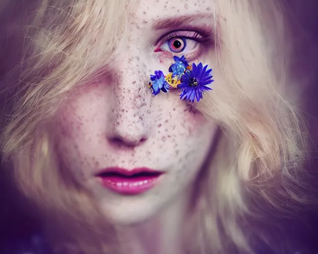 Prompt: pale young woman with bright blonde hair, freckles, blue eyes and a wide face, flowery dress, using a professional slr camera close to her face, dramatic lighting, bright flare, surreal art by anna nikonova