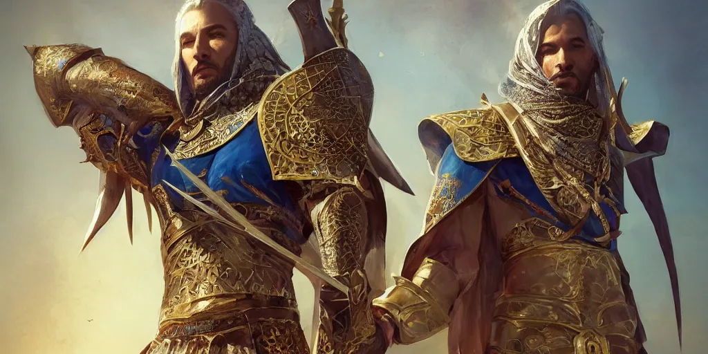 Image similar to arabian witcher, new costume concept design with metal sholders and ornaments on the armor, oriental armor style, arabic, fashion, colors with gold and dark blue, concept art, by artgerm, greg rutkowski, cinematic light, featured on artstation, octane render, sharp focus, ray tracing, artstationhq, cgsociety, 8 k.