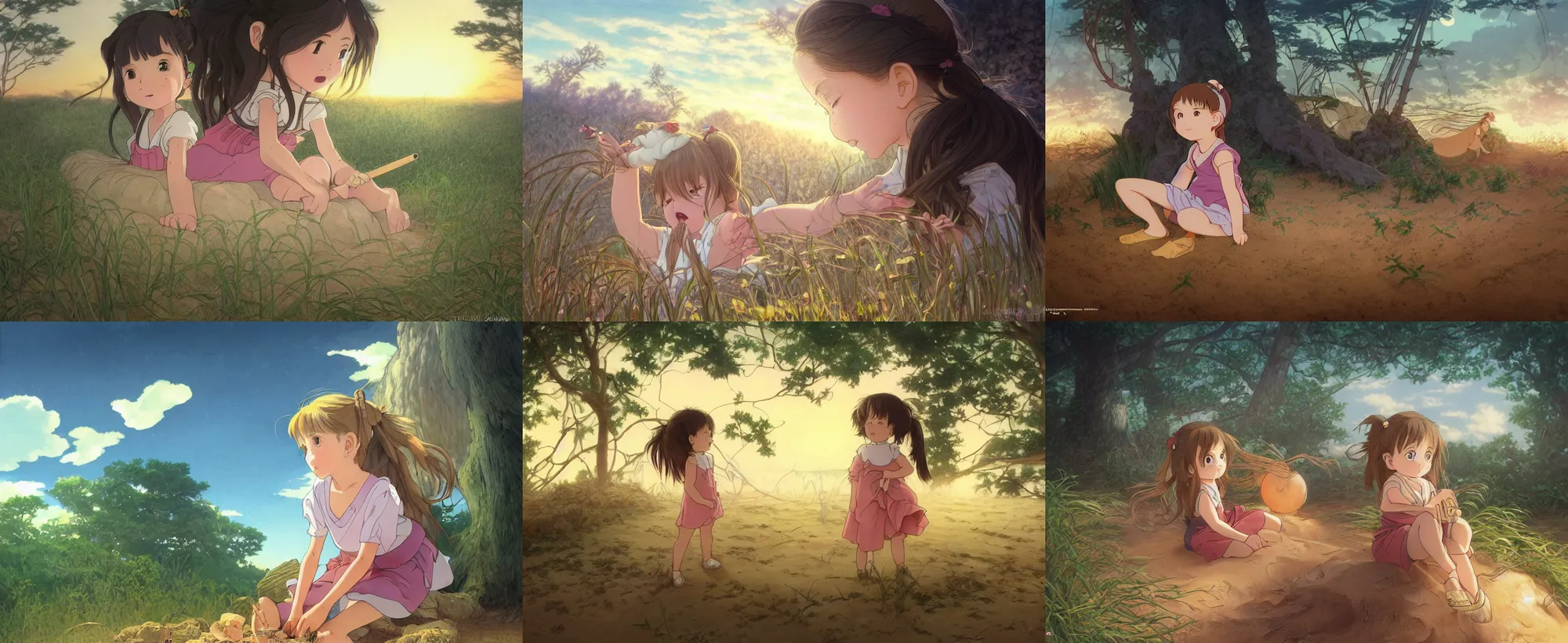Prompt: !dream Studio ghibli style little girl with two ponytails playing in a sandbox at sunset with a forest background, Studio ghibli, ultra realistic, fantasy, intricate, trending on artstation, highly detailed, digital painting, artstation, concept art, smooth, sharp focus, illustration, art by artgerm and greg rutkowski and alphonse mucha