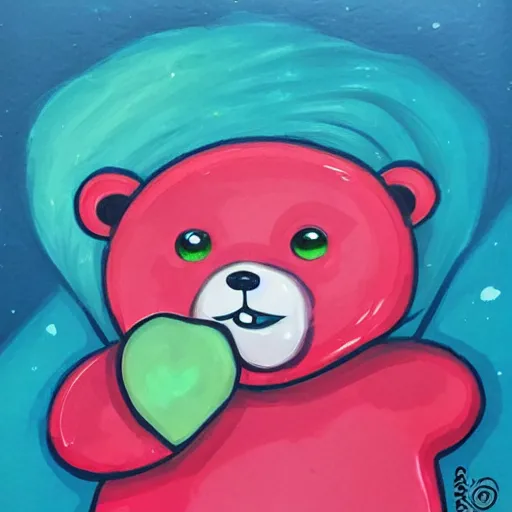 Prompt: a jeremiah ketner acrylic impasto!! illustration of an adorable and cute bear eating candy