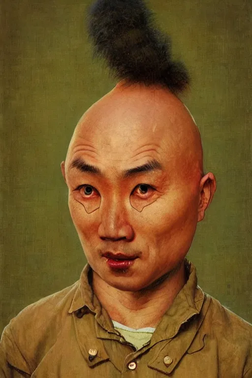 Prompt: beautiful cute bald kazakh guy with a short beard, painted by beksinski, norman rockwell, jack kirby, tom lovell, alex malveda, greg staples