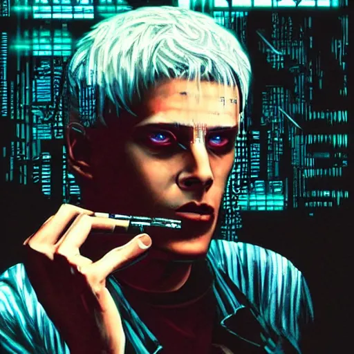 Image similar to Case from the novel Neuromancer, addicted, smoking a cigarette, portrait shot, wires, cyberpunk, movie illustration, poster art by Drew Struzan