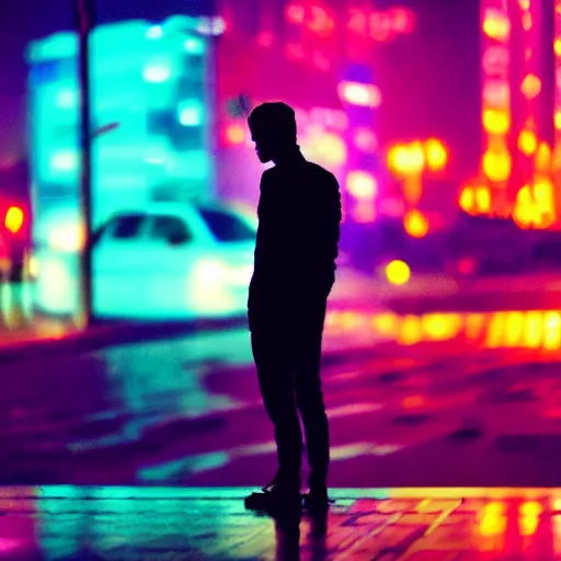 Prompt: one man silhouette standing in front of a cyberperunk city, neon lights, night, rain, very beautiful, trending on deviantart,