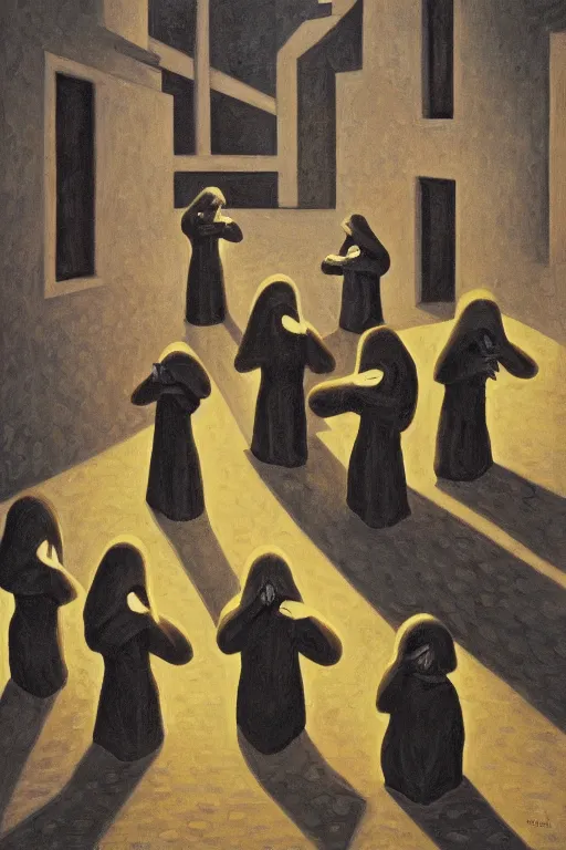 Image similar to fine illustration of five hooded disciples in masks praying to a fascist monument in a brutalist courtyard, lit from below, twilight, lowbrow surrealism, PJ Crook, Edward Hopper oil on canvas